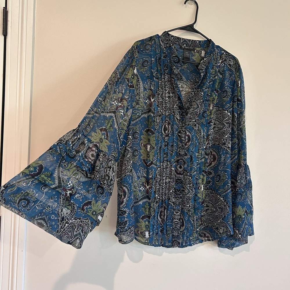 Bohemian Blouse Sz 24W Button Up Floral Bell Sleeves Sheer Lightweight Flowy